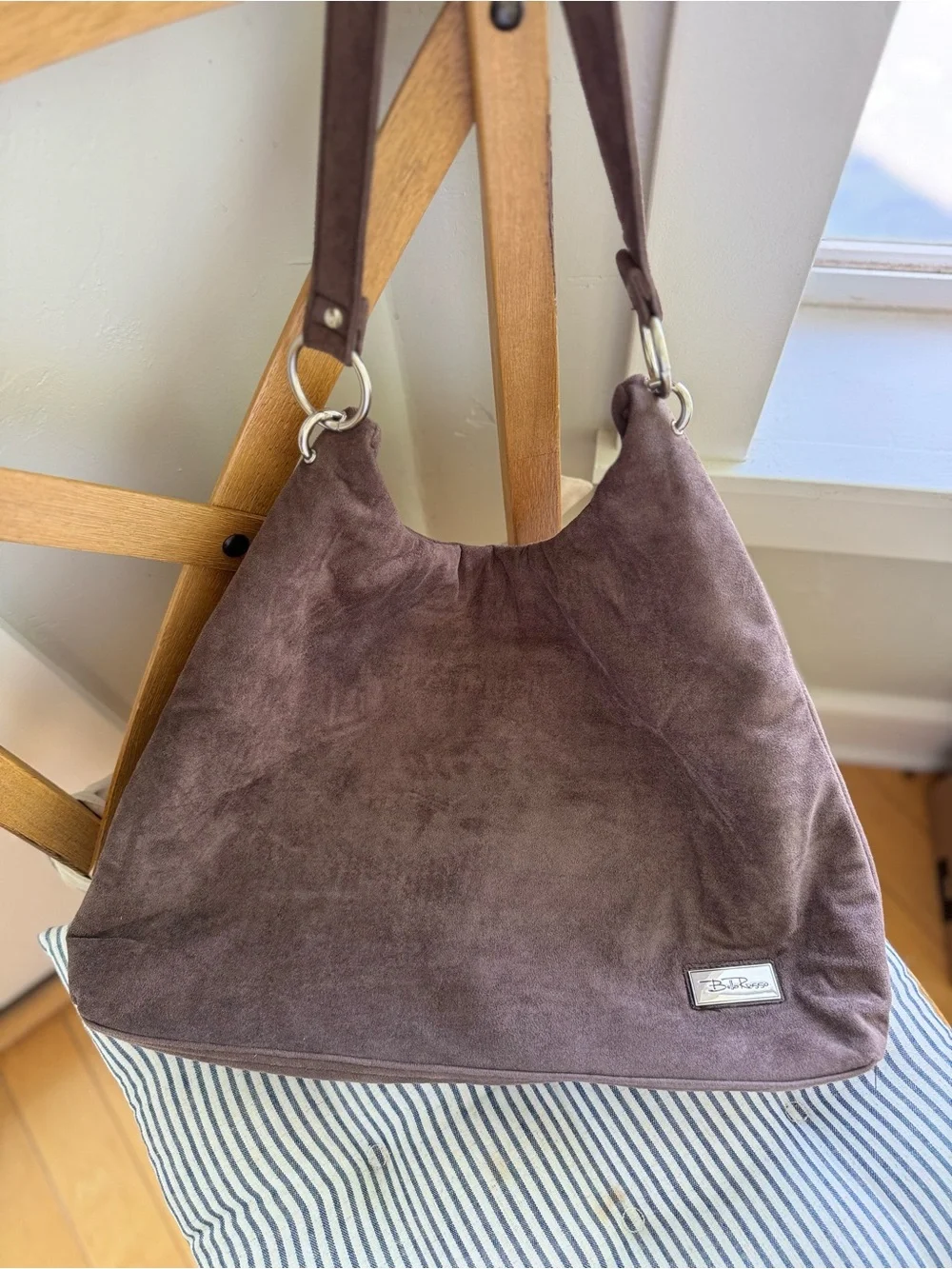 Bella Russo Taupe Brown Faux Suede Hobo Shoulder Bag Silver Accents